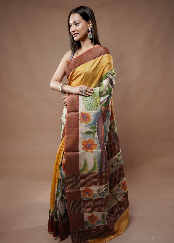 Cream Tussar Silk Saree With Blouse Piece - Indian Silk House Agencies