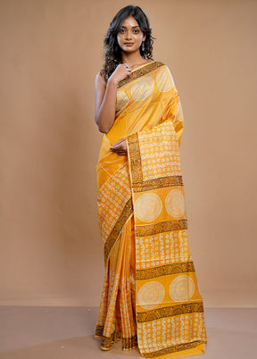 Yellow Printed Pure Silk Saree With Blouse Piece - Indian Silk House Agencies