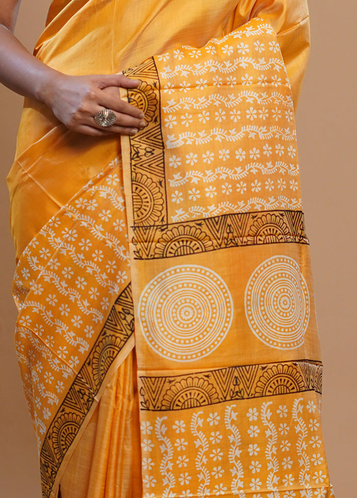 Yellow Printed Pure Silk Saree With Blouse Piece - Indian Silk House Agencies