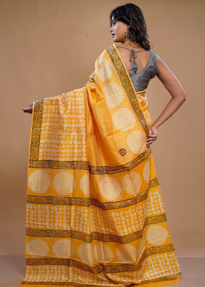 Yellow Printed Pure Silk Saree With Blouse Piece - Indian Silk House Agencies