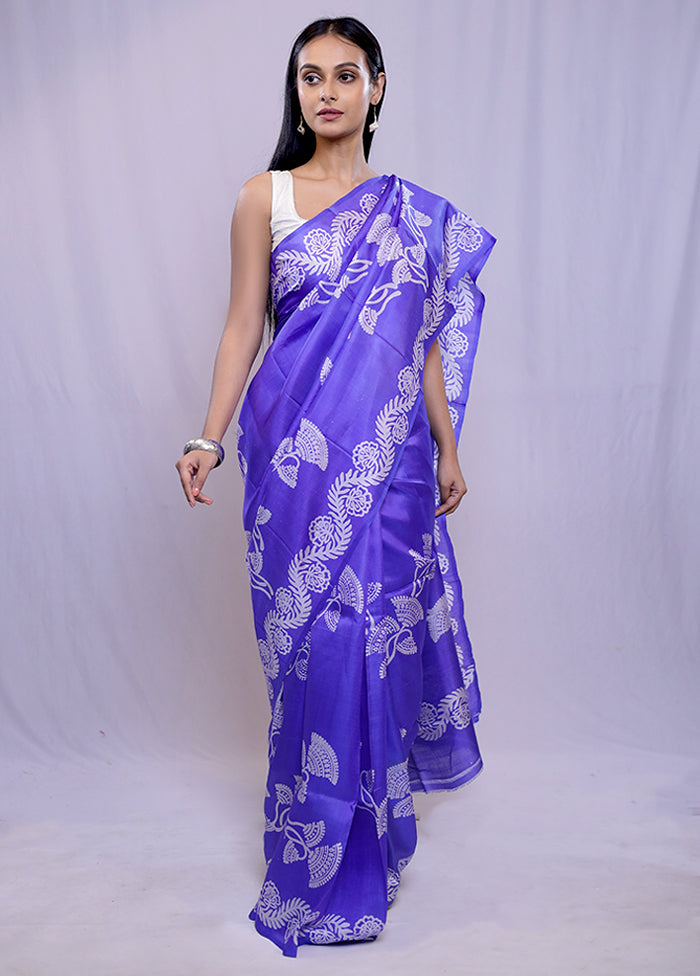 Purple Printed Pure Silk Saree With Blouse Piece - Indian Silk House Agencies