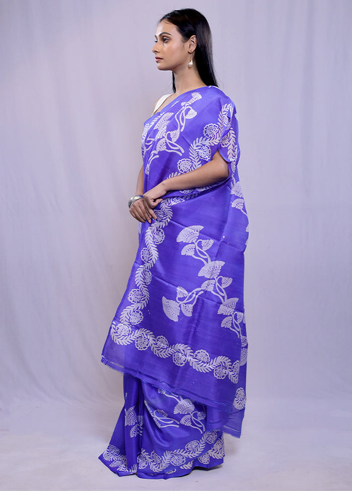 Purple Printed Pure Silk Saree With Blouse Piece - Indian Silk House Agencies