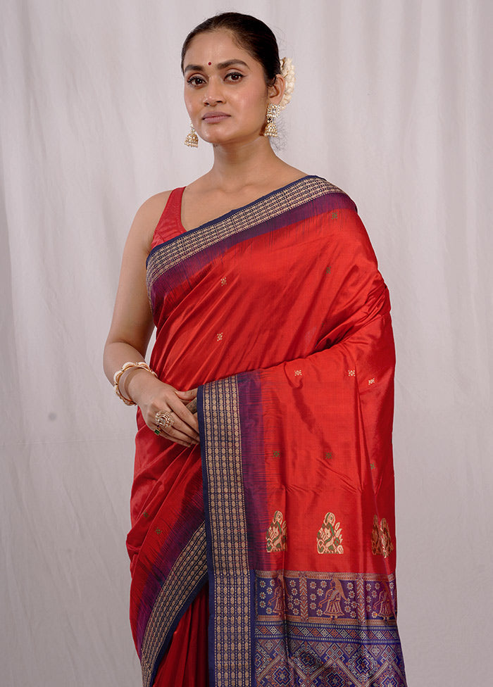 Red Bomkai Pure Silk Saree With Blouse Piece - Indian Silk House Agencies