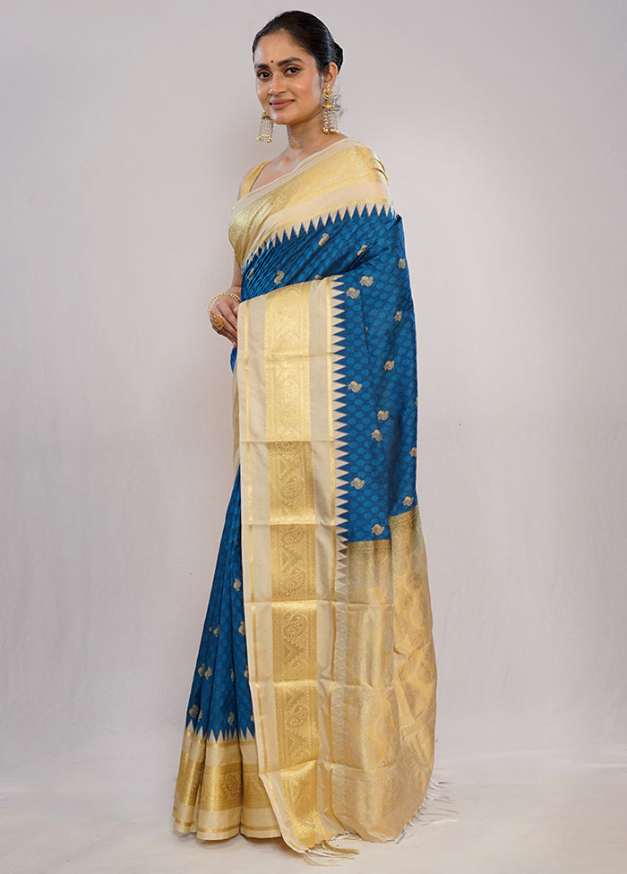 Blue Kanjivaram Silk Saree With Blouse Piece - Indian Silk House Agencies