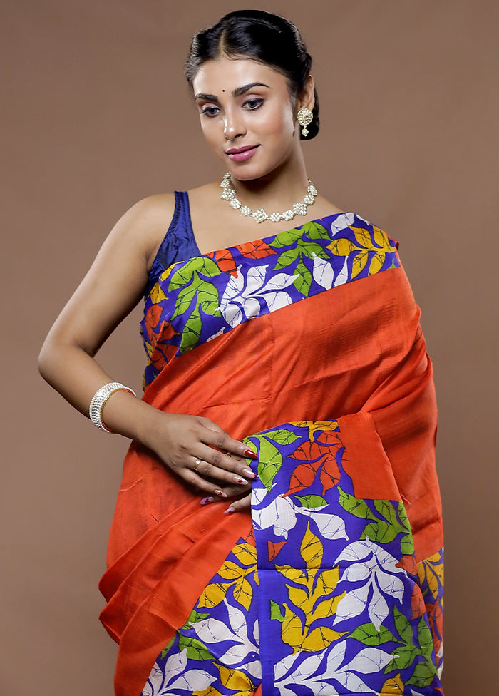 Orange Printed Pure Silk Saree With Blouse Piece - Indian Silk House Agencies