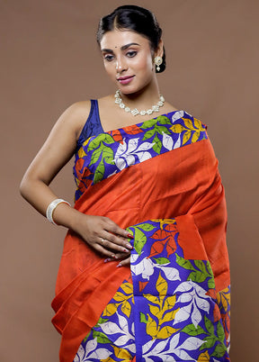 Orange Printed Pure Silk Saree With Blouse Piece - Indian Silk House Agencies