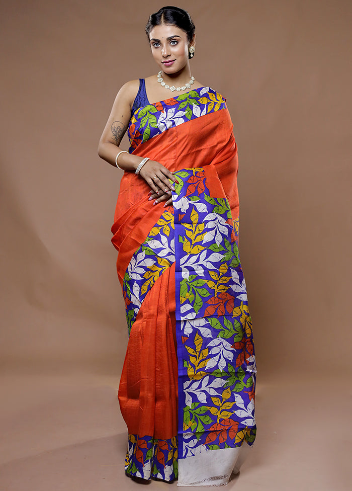 Orange Printed Pure Silk Saree With Blouse Piece - Indian Silk House Agencies