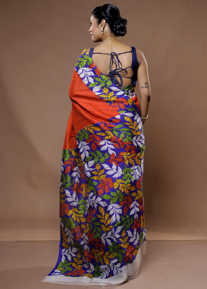 Orange Printed Pure Silk Saree With Blouse Piece - Indian Silk House Agencies