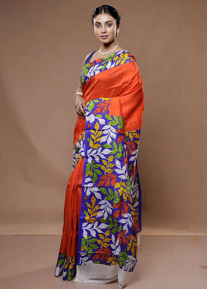 Orange Printed Pure Silk Saree With Blouse Piece - Indian Silk House Agencies