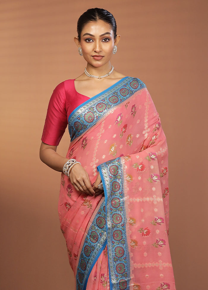 Pink Handloom Pure Georgette Saree With Blouse Piece
