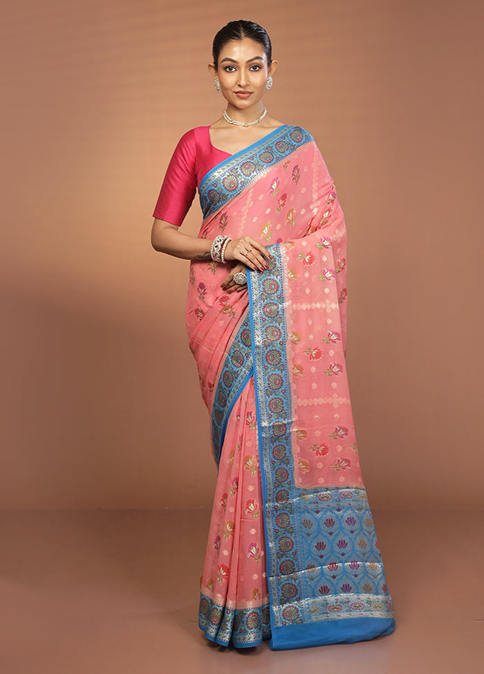 Pink Handloom Pure Georgette Saree With Blouse Piece