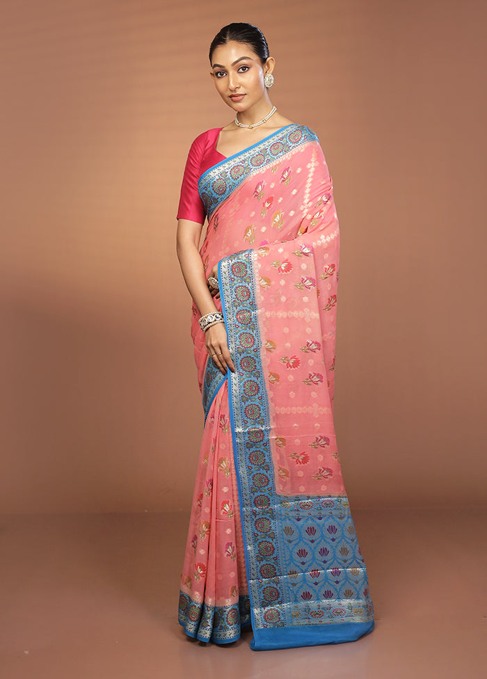 Pink Handloom Pure Georgette Saree With Blouse Piece