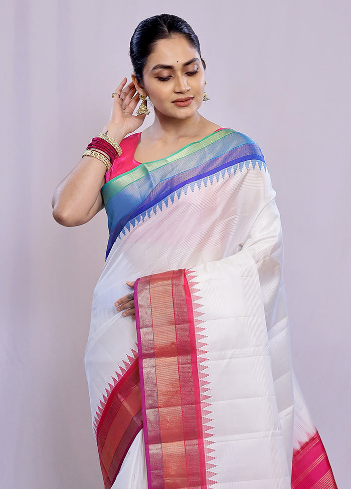 White Kanjivaram Pure Silk Saree With Blouse Piece - Indian Silk House Agencies