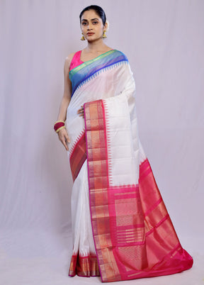 White Kanjivaram Pure Silk Saree With Blouse Piece - Indian Silk House Agencies