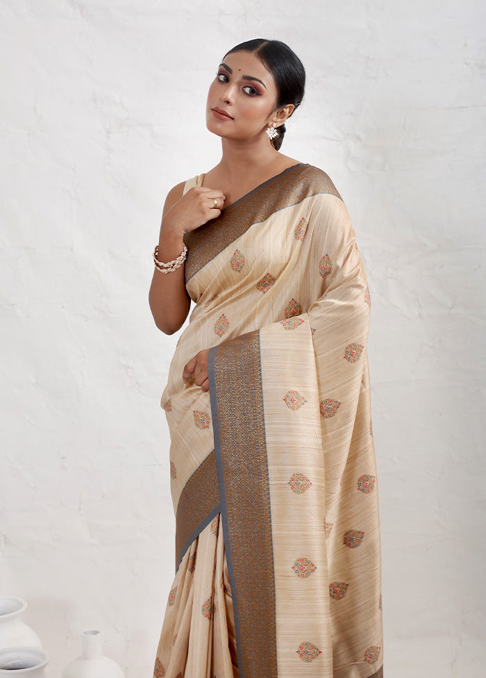 Cream Dupion Silk Saree With Blouse Piece - Indian Silk House Agencies