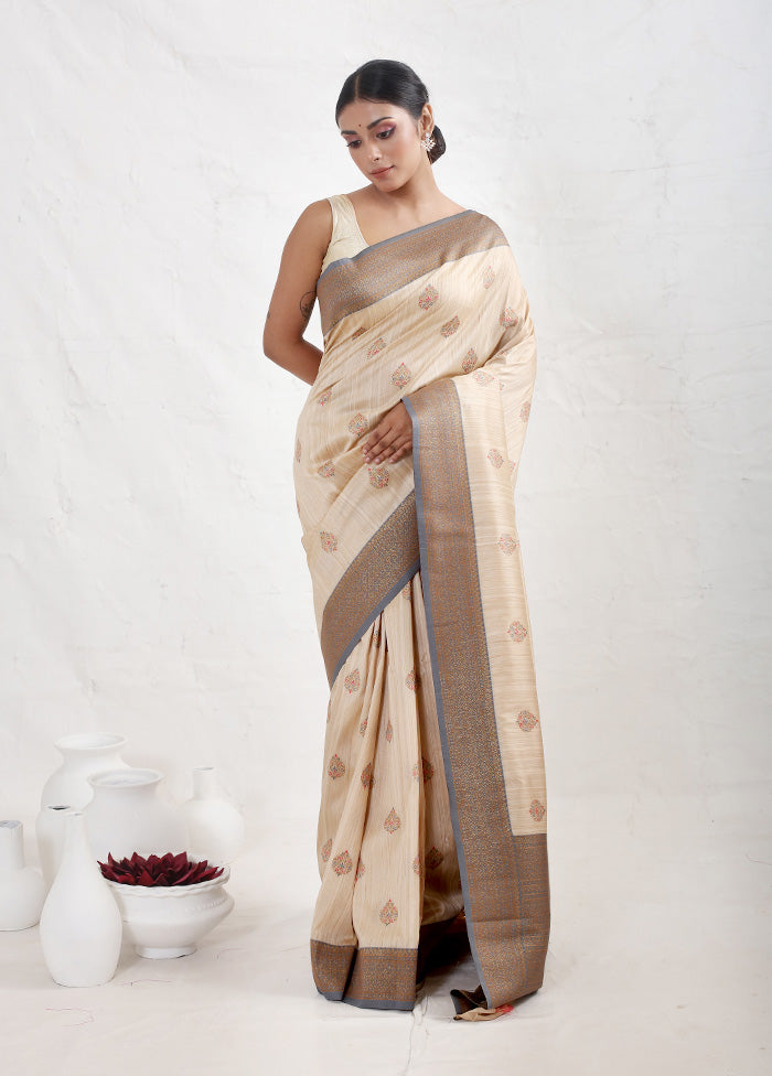 Cream Dupion Silk Saree With Blouse Piece - Indian Silk House Agencies