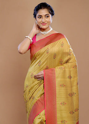 Yellow Dupion Silk Saree With Blouse Piece - Indian Silk House Agencies