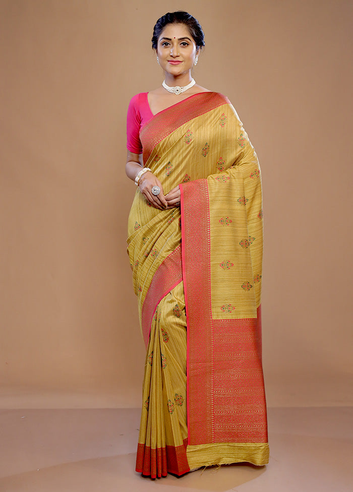 Yellow Dupion Silk Saree With Blouse Piece - Indian Silk House Agencies