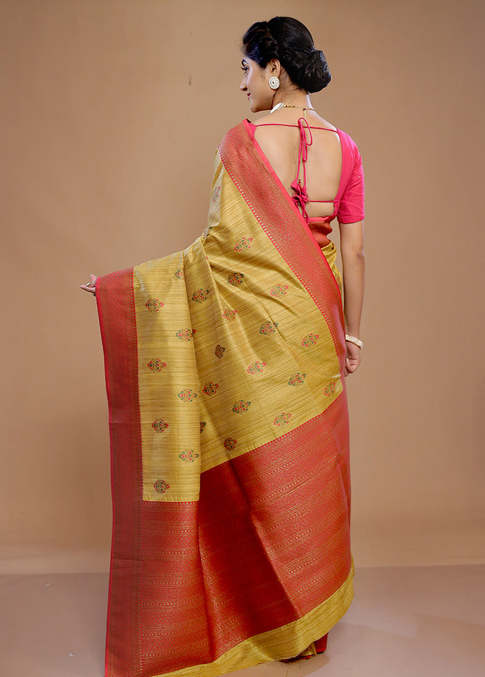 Yellow Dupion Silk Saree With Blouse Piece - Indian Silk House Agencies