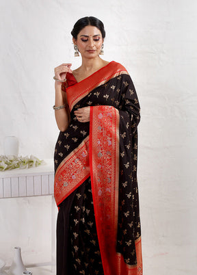 Black Dupion Silk Saree With Blouse Piece - Indian Silk House Agencies