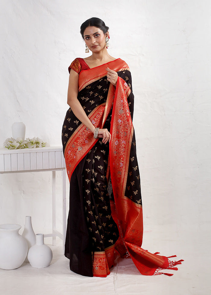 Black Dupion Silk Saree With Blouse Piece - Indian Silk House Agencies