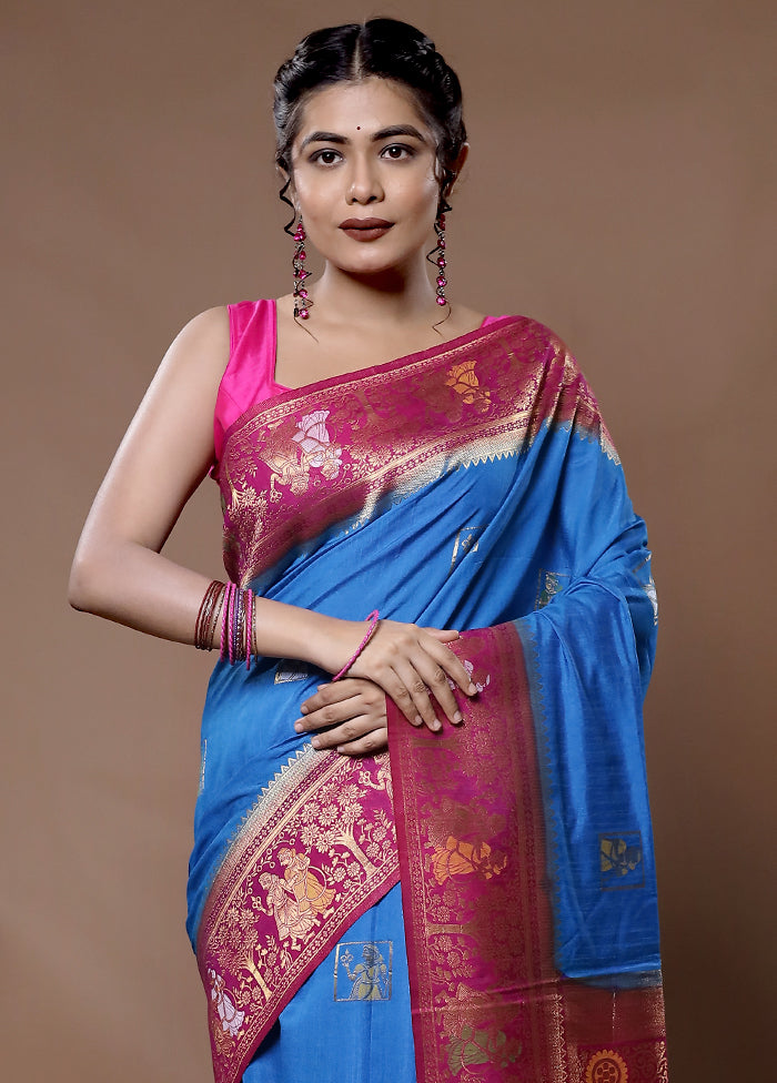 Blue Dupion Silk Saree With Blouse Piece - Indian Silk House Agencies