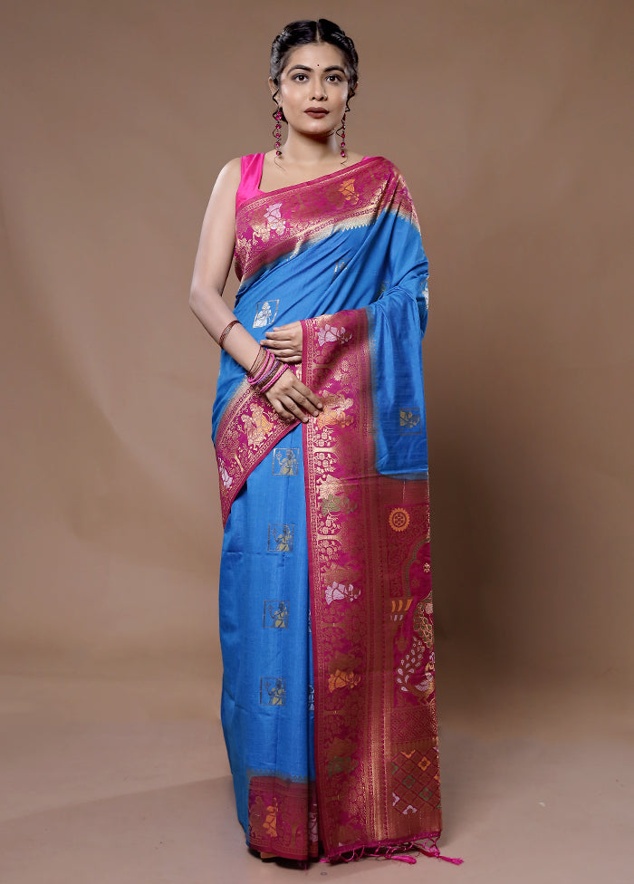 Blue Dupion Silk Saree With Blouse Piece - Indian Silk House Agencies