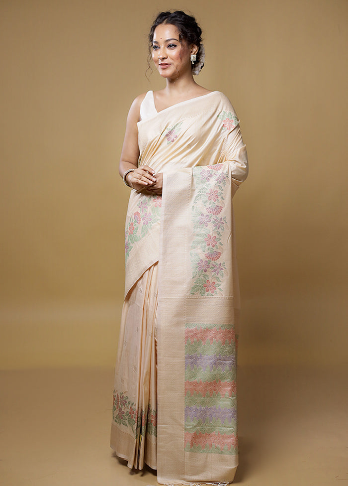 Cream Dupion Silk Saree With Blouse Piece