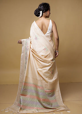 Cream Dupion Silk Saree With Blouse Piece