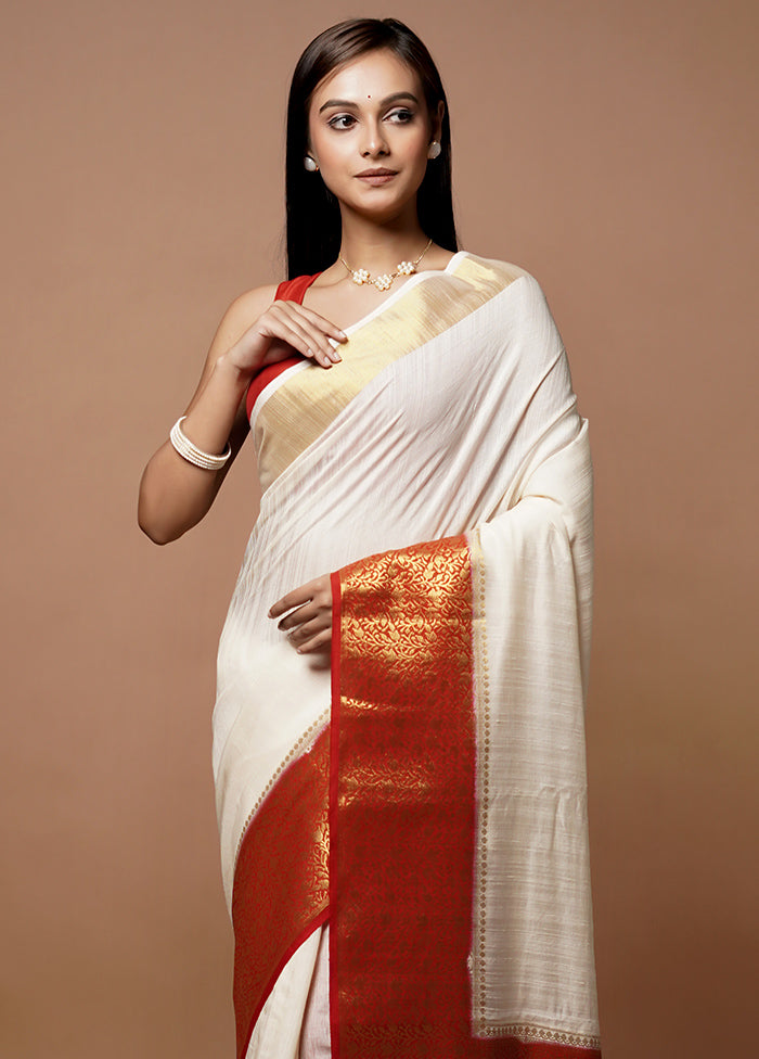 White Dupion Silk Saree With Blouse Piece