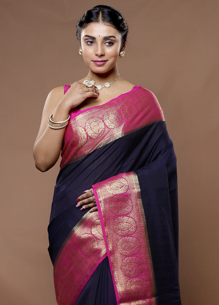 Black Dupion Silk Saree With Blouse Piece - Indian Silk House Agencies