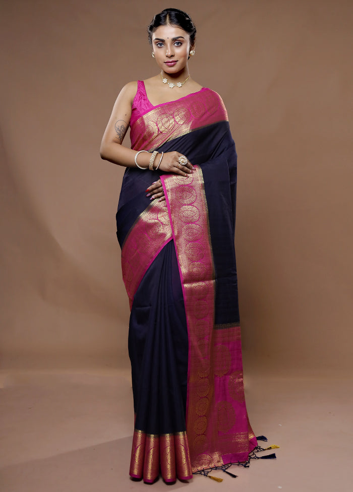 Black Dupion Silk Saree With Blouse Piece - Indian Silk House Agencies