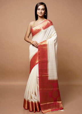 White Dupion Silk Saree With Blouse Piece