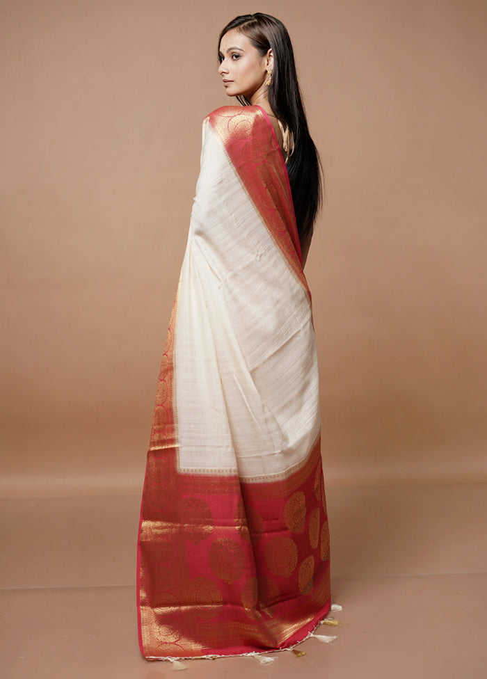 White Dupion Silk Saree With Blouse Piece