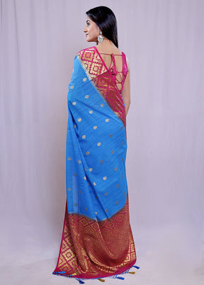 Blue Dupion Silk Saree With Blouse Piece - Indian Silk House Agencies