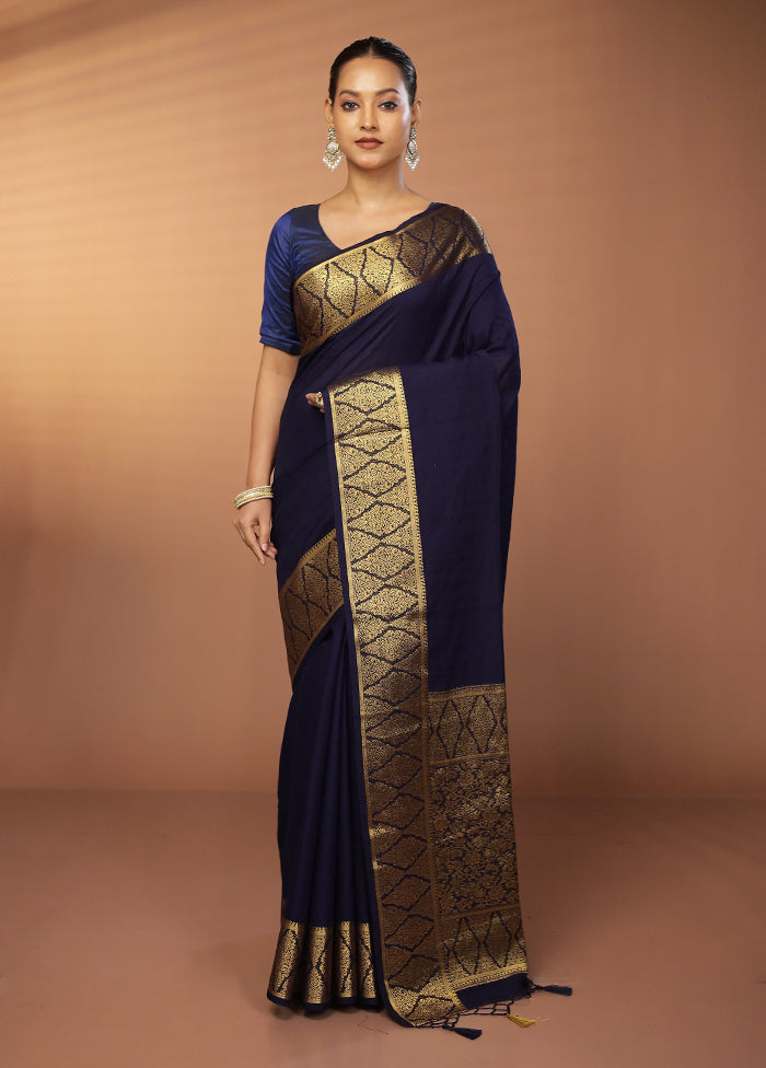 Blue Dupion Silk Saree With Blouse Piece