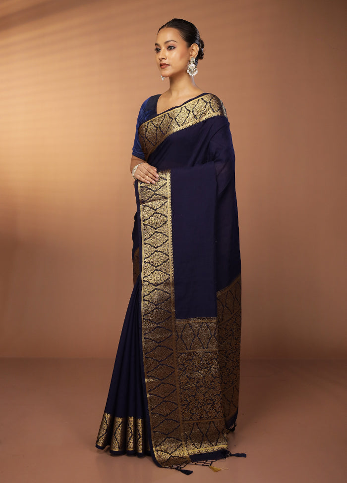 Blue Dupion Silk Saree With Blouse Piece