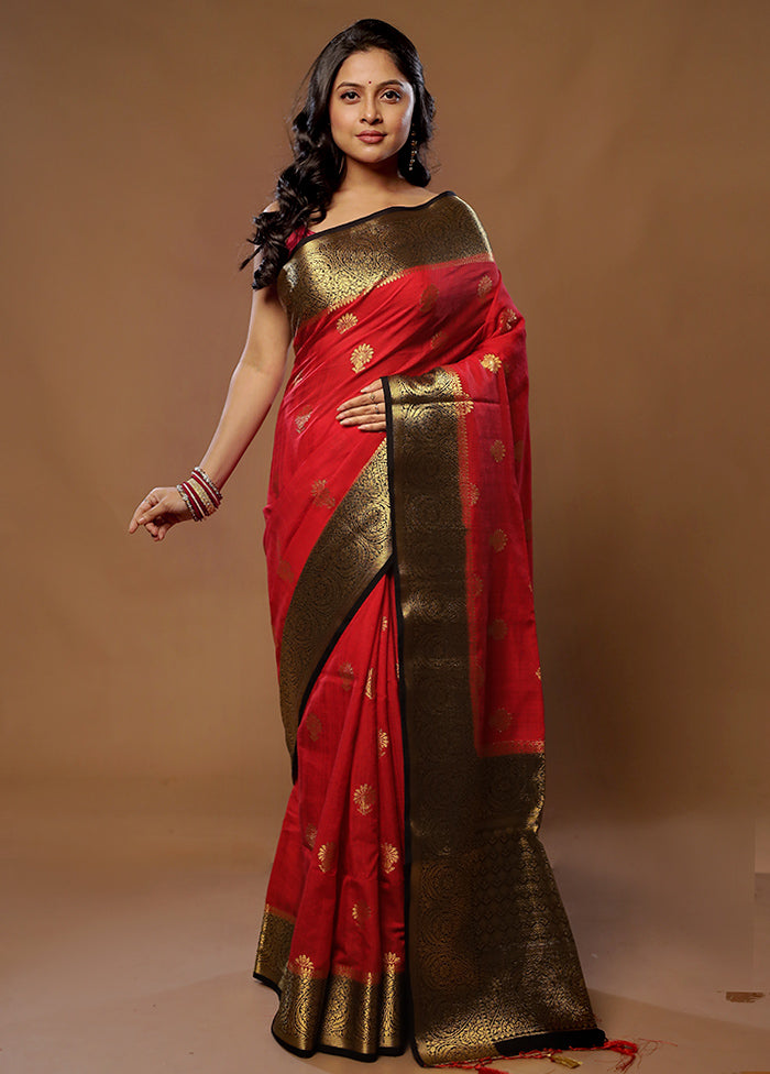 Red Dupion Silk Saree With Blouse Piece - Indian Silk House Agencies