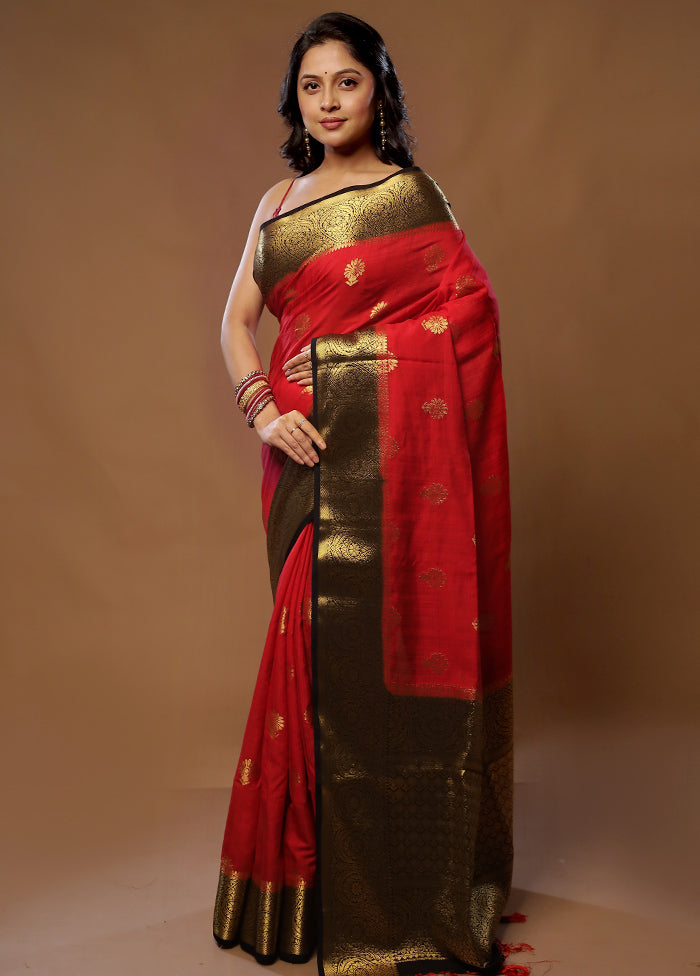 Red Dupion Silk Saree With Blouse Piece - Indian Silk House Agencies