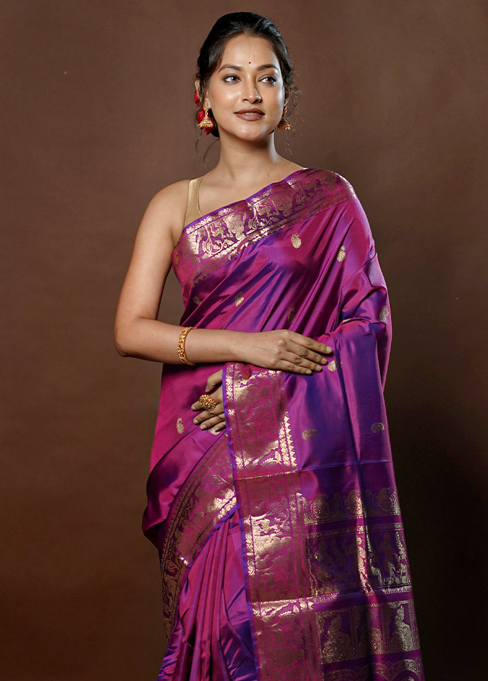 Purple Handloom Baluchari Pure Silk Saree With Blouse Piece