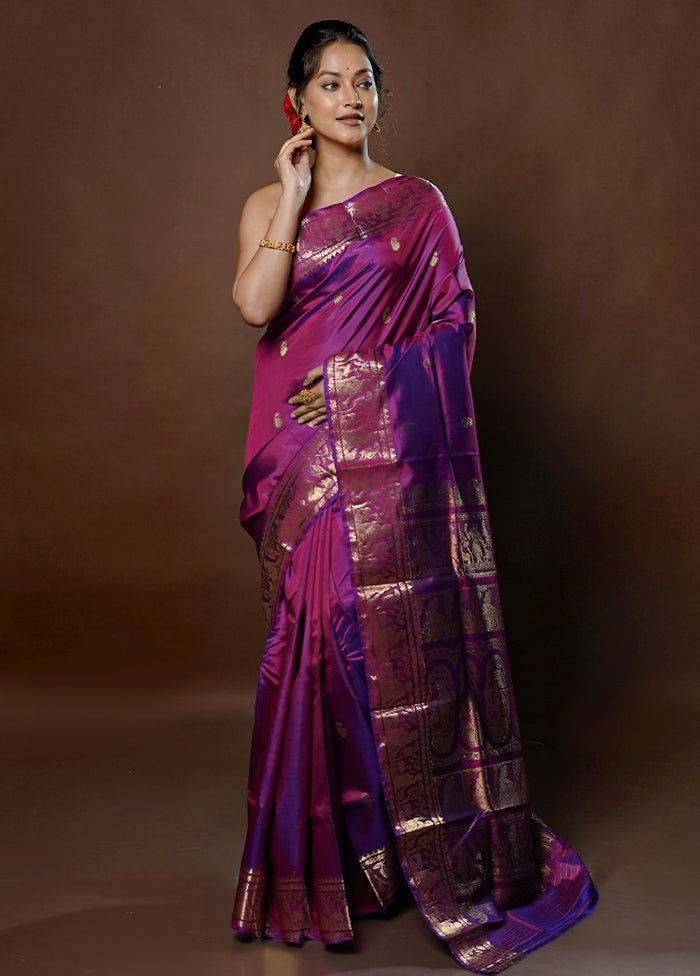 Purple Handloom Baluchari Pure Silk Saree With Blouse Piece