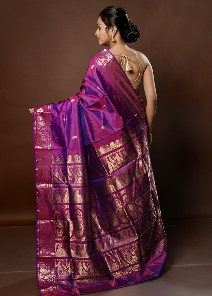 Purple Handloom Baluchari Pure Silk Saree With Blouse Piece