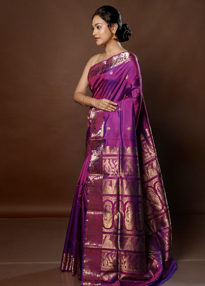 Purple Handloom Baluchari Pure Silk Saree With Blouse Piece