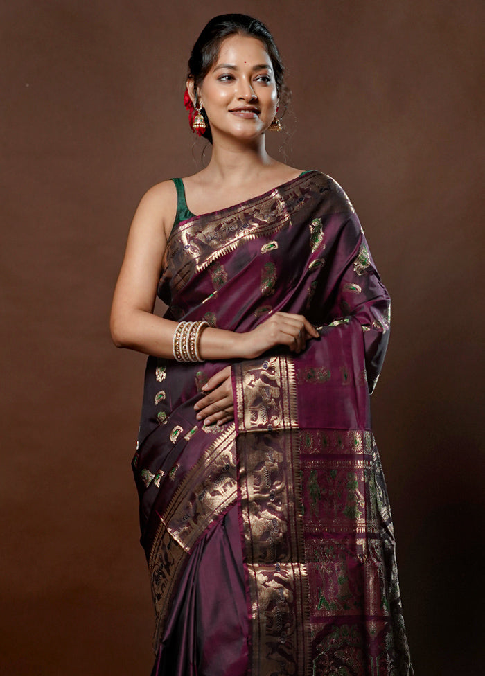 Purple Handloom Baluchari Pure Silk Saree With Blouse Piece