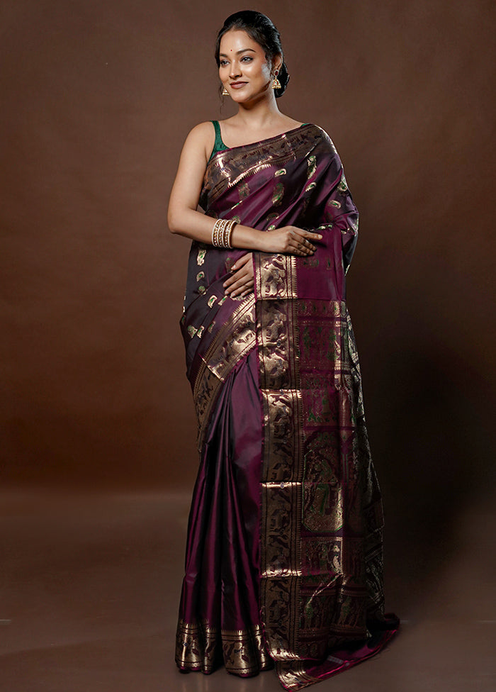 Purple Handloom Baluchari Pure Silk Saree With Blouse Piece