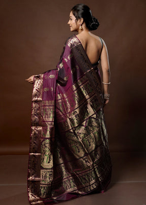 Purple Handloom Baluchari Pure Silk Saree With Blouse Piece