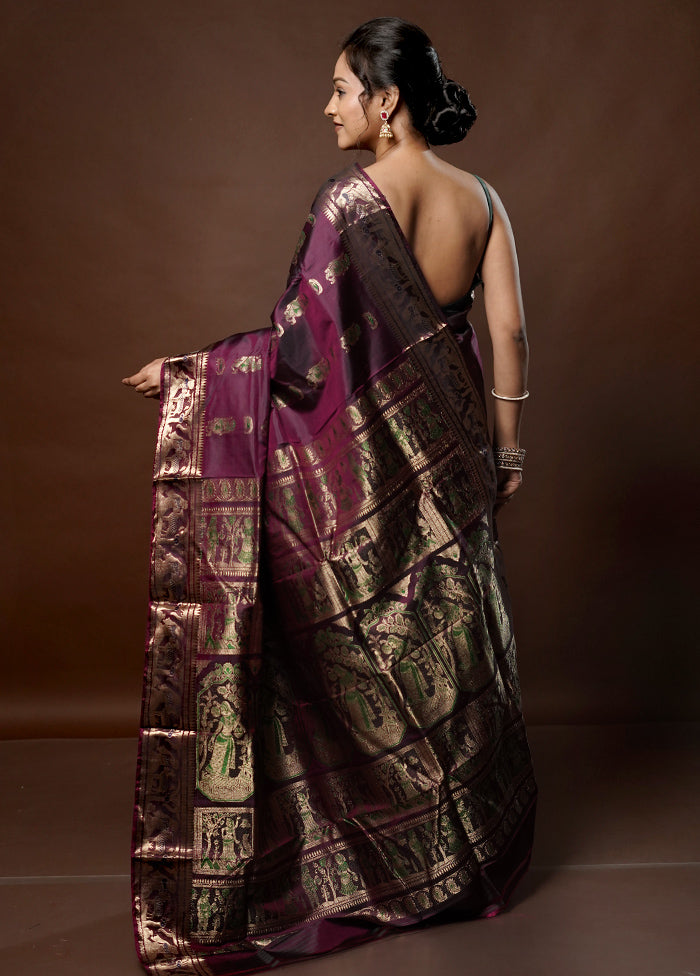 Purple Handloom Baluchari Pure Silk Saree With Blouse Piece