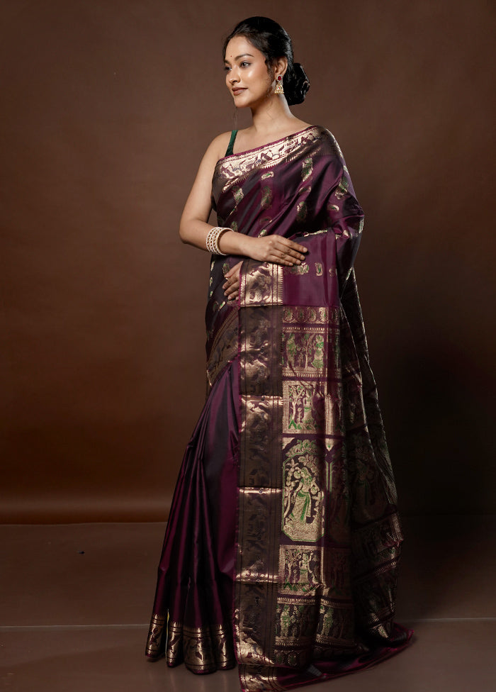 Purple Handloom Baluchari Pure Silk Saree With Blouse Piece