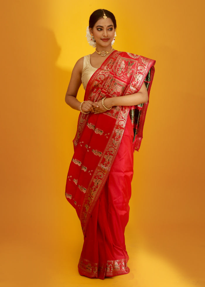 Red Baluchari Pure Silk Saree With Blouse Piece - Indian Silk House Agencies