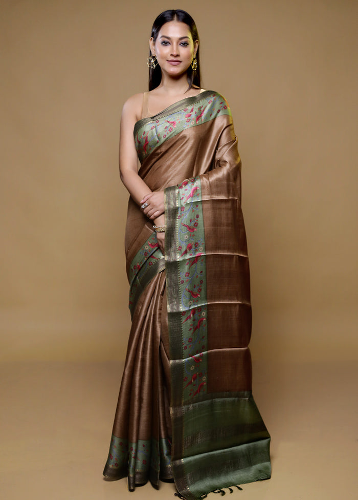 Brown Handloom Tussar Pure Silk Saree With Blouse Piece